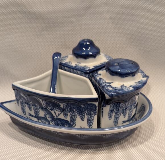 Bombay Other - Bombay Blue & White Birds China Leaf Tray Salt & Pepper Shakers Sugar Bowl Spoon
